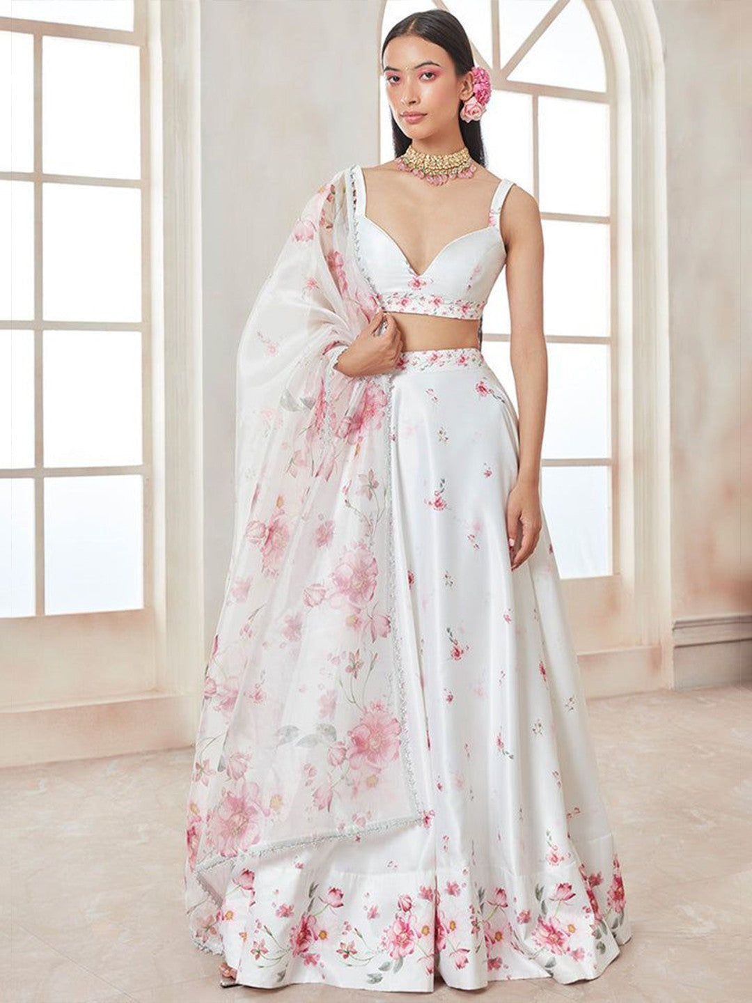 Printed Satin Semi-Stitched Lehenga & Unstitched Blouse With Dupatta-White and pink