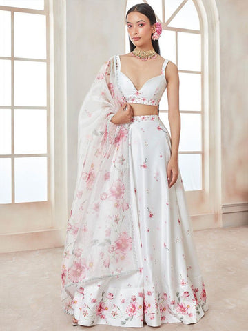 Printed Satin Semi-Stitched Lehenga & Unstitched Blouse With Dupatta-White and pink