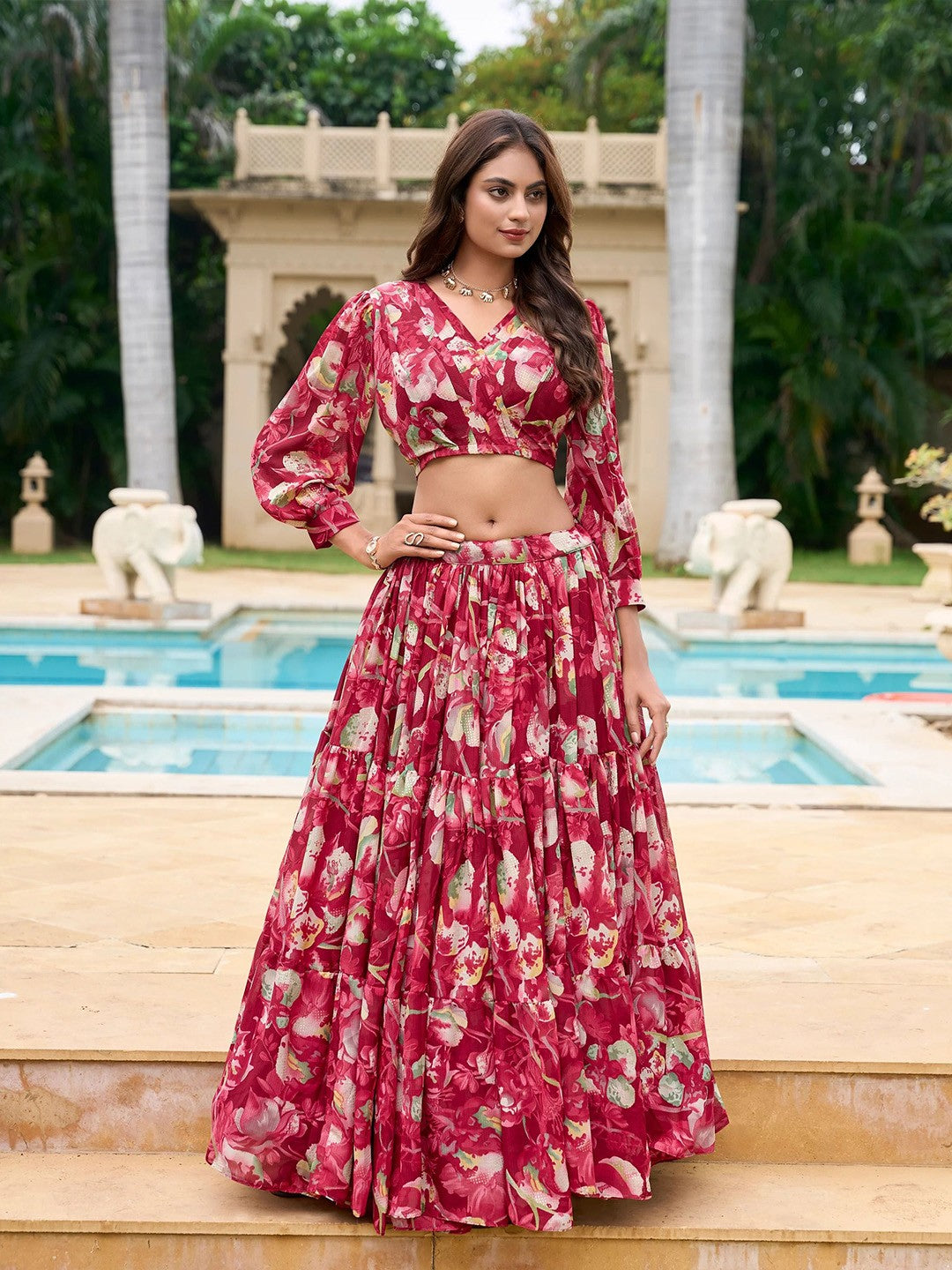 Printed Semi-Stitched Lehenga & Unstitched-Red and green