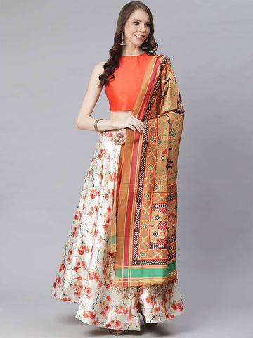 Printed Semi-Stitched Lehenga & Unstitched Blouse With Dupatta- cream and orange