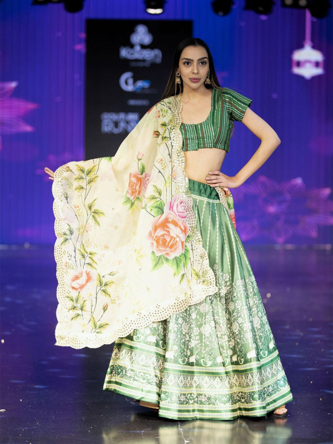 Embroidered Semi-Stitched Lehenga & Unstitched Blouse With Dupatta-Green and white