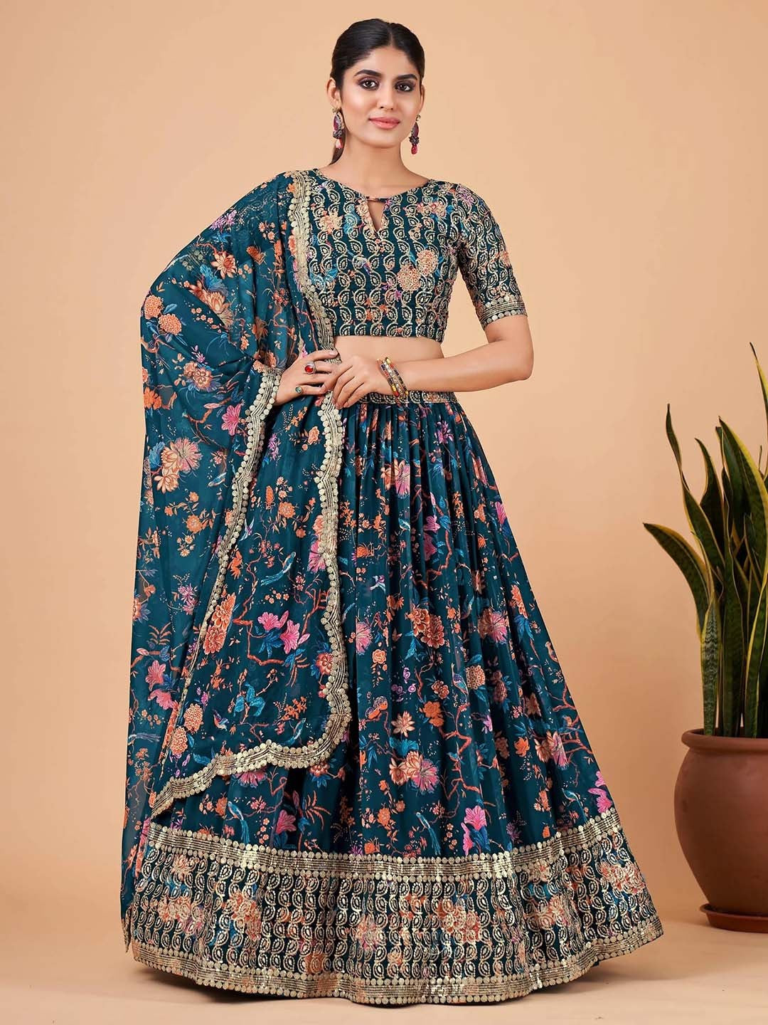 Embroidered Semi-Stitched Lehenga & Unstitched Blouse With Dupatta-Navy blue and pink