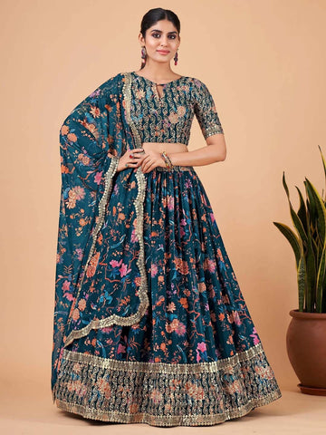Embroidered Semi-Stitched Lehenga & Unstitched Blouse With Dupatta-Navy blue and pink