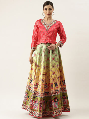 Printed Semi-Stitched Lehenga & Unstitched-Pink and green