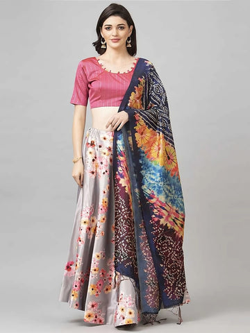 Semi-Stitched Lehenga Choli-Silver-Toned & Pink
