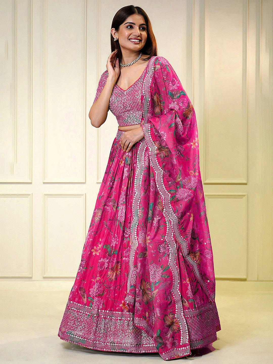 Embroidered Sequinned Semi-Stitched Lehenga & Unstitched Blouse With Dupatta-Pink