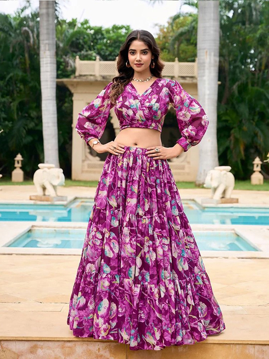 Printed Semi-Stitched Lehenga & Unstitched-Magenta and blue