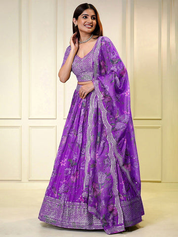 Embroidered Sequinned Semi-Stitched Lehenga & Unstitched Blouse With Dupatta-Purple