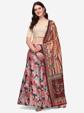 Printed Semi-Stitched Lehenga & Unstitched Blouse With Dupatta-Cream and maroon