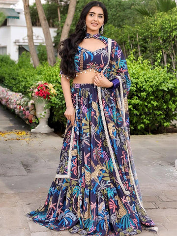 Floral Printed Semi-Stitched Lehenga & Unstitched Blouse With Dupatta-Navy blue and pink