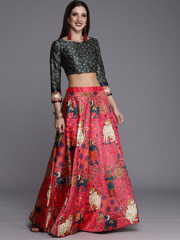 Printed Semi-Stitched Lehenga & Unstitched Choli-pink and black