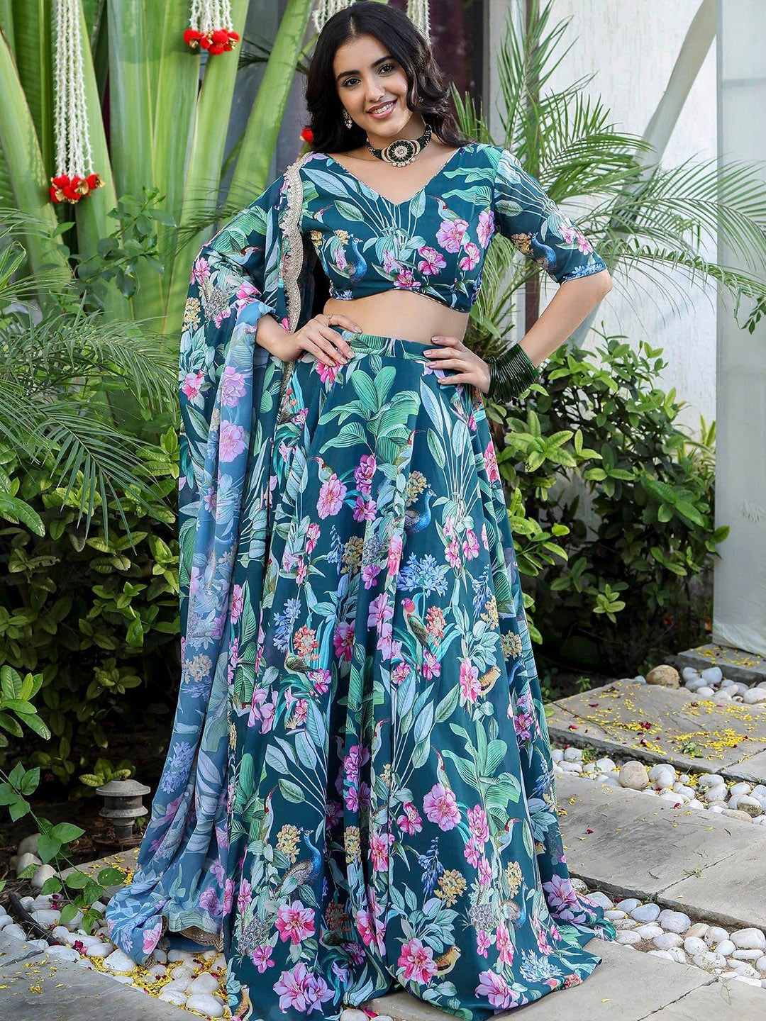 Printed Georgette Semi-Stitched Lehenga & Unstitched Blouse With Dupatta-Teal , green and pink