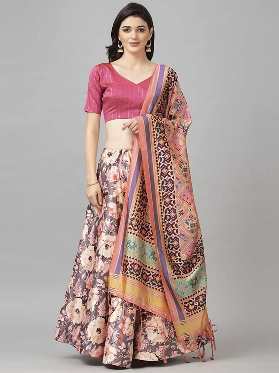 Embellished Semi-Stitched Lehenga Choli-Grey & Pink
