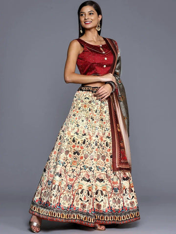 Women Printed Semi-Stitched Lehenga & Unstitched Blouse With Dupatta-Cream and maroon