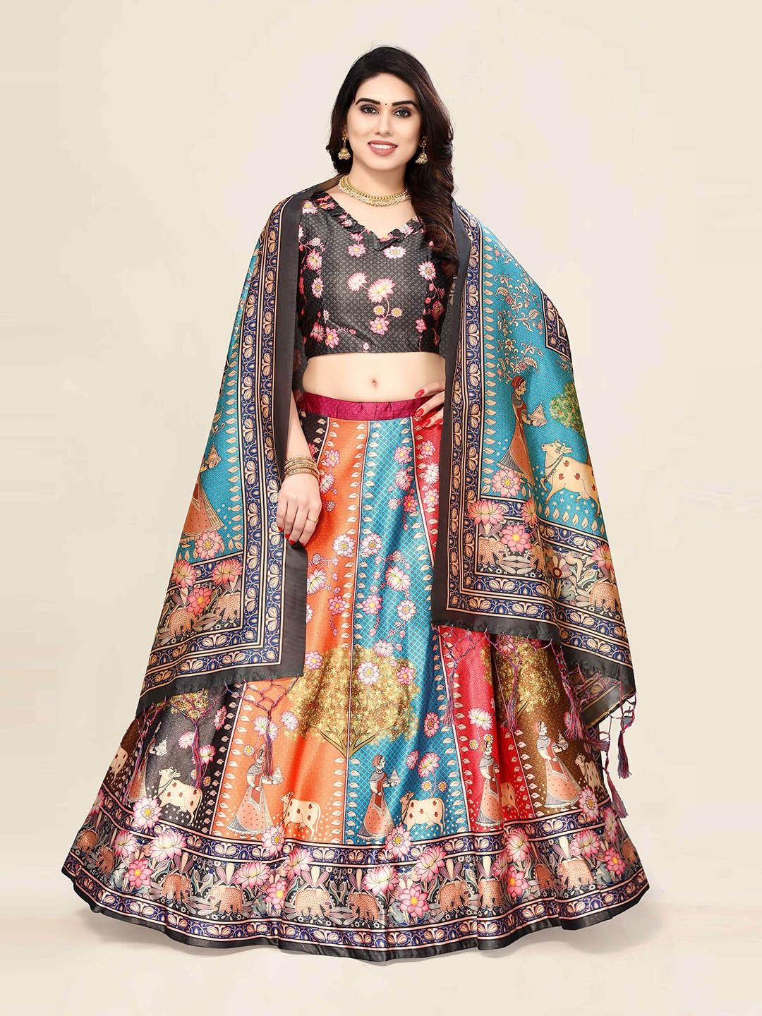 Printed Semi-Stitched Lehenga & Unstitched Blouse With Dupatta-Grey & Blue