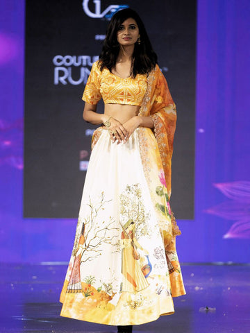 Printed Semi-Stitched Lehenga & Unstitched Blouse With Dupatta-Yellow and white