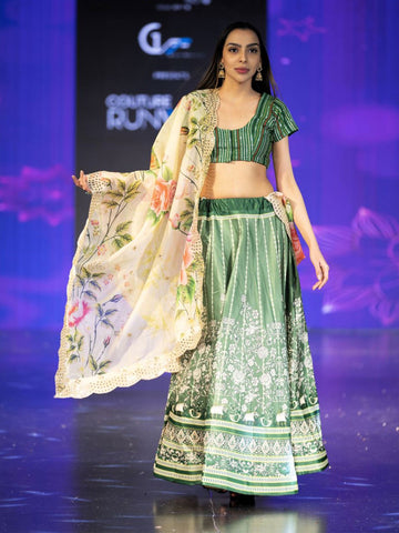 Embroidered Semi-Stitched Lehenga & Unstitched Blouse With Dupatta-Green and white