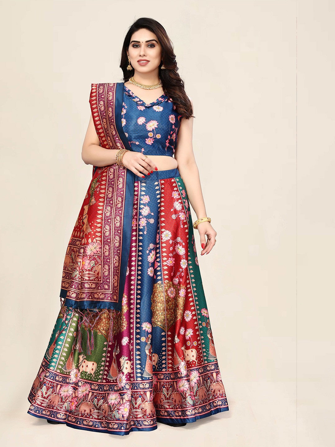 Printed Semi-Stitched Lehenga & Unstitched Blouse With Dupatta- Blue and red