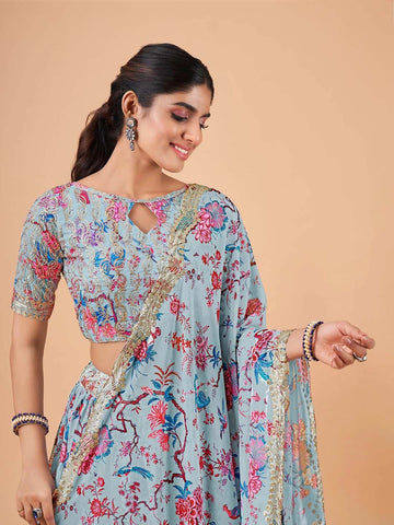 Embroidered Semi-Stitched Lehenga & Unstitched Blouse With Dupatta-Blue and pink