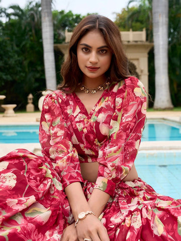 Printed Semi-Stitched Lehenga & Unstitched-Red and green