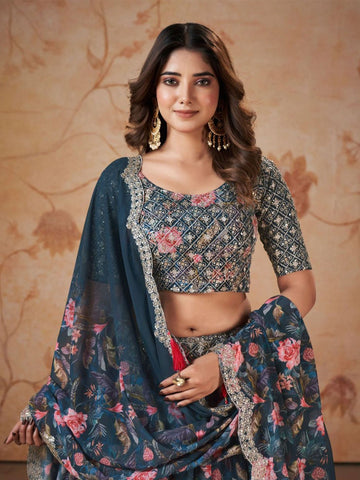 Embellished Sequinned Semi-Stitched Lehenga & Unstitched Blouse With Dupatta-Blue and green