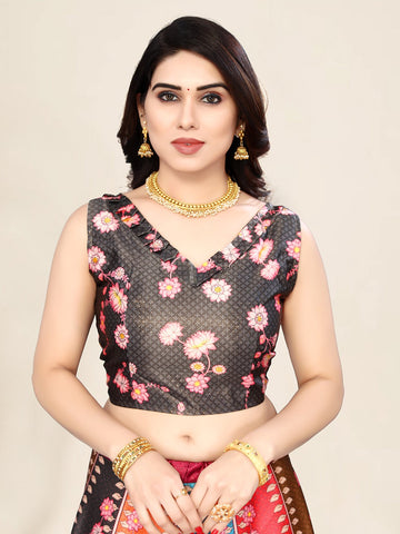 Printed Semi-Stitched Lehenga & Unstitched Blouse With Dupatta-Grey & Blue