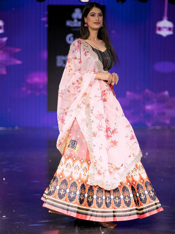 Embroidered Semi-Stitched Lehenga & Unstitched Blouse With Dupatta-Pink and white
