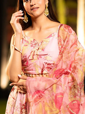 Printed Satin Semi-Stitched Lehenga & Unstitched Blouse With Dupatta-Peach, brown and yellow
