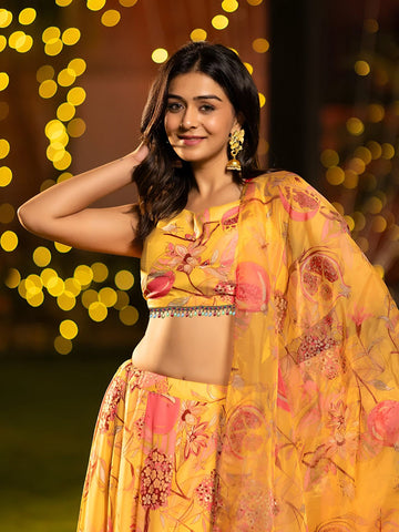 Printed Satin Semi-Stitched Lehenga & Unstitched Blouse With Dupatta-Mustard and pink