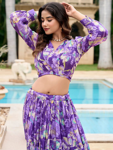 Printed Semi-Stitched Lehenga & Unstitched-Purple and green