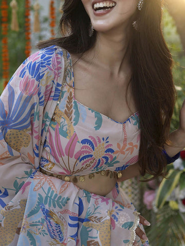 Floral Printed Semi-Stitched Lehenga & Unstitched Blouse With Dupatta-Pink and blue