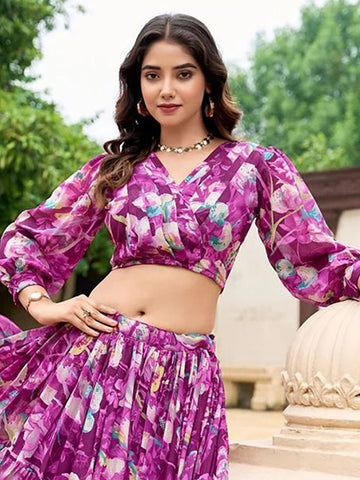 Printed Semi-Stitched Lehenga & Unstitched-Magenta and blue