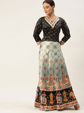 Printed Semi-Stitched Lehenga Choli-Black and beige