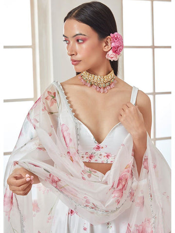 Printed Satin Semi-Stitched Lehenga & Unstitched Blouse With Dupatta-White and pink