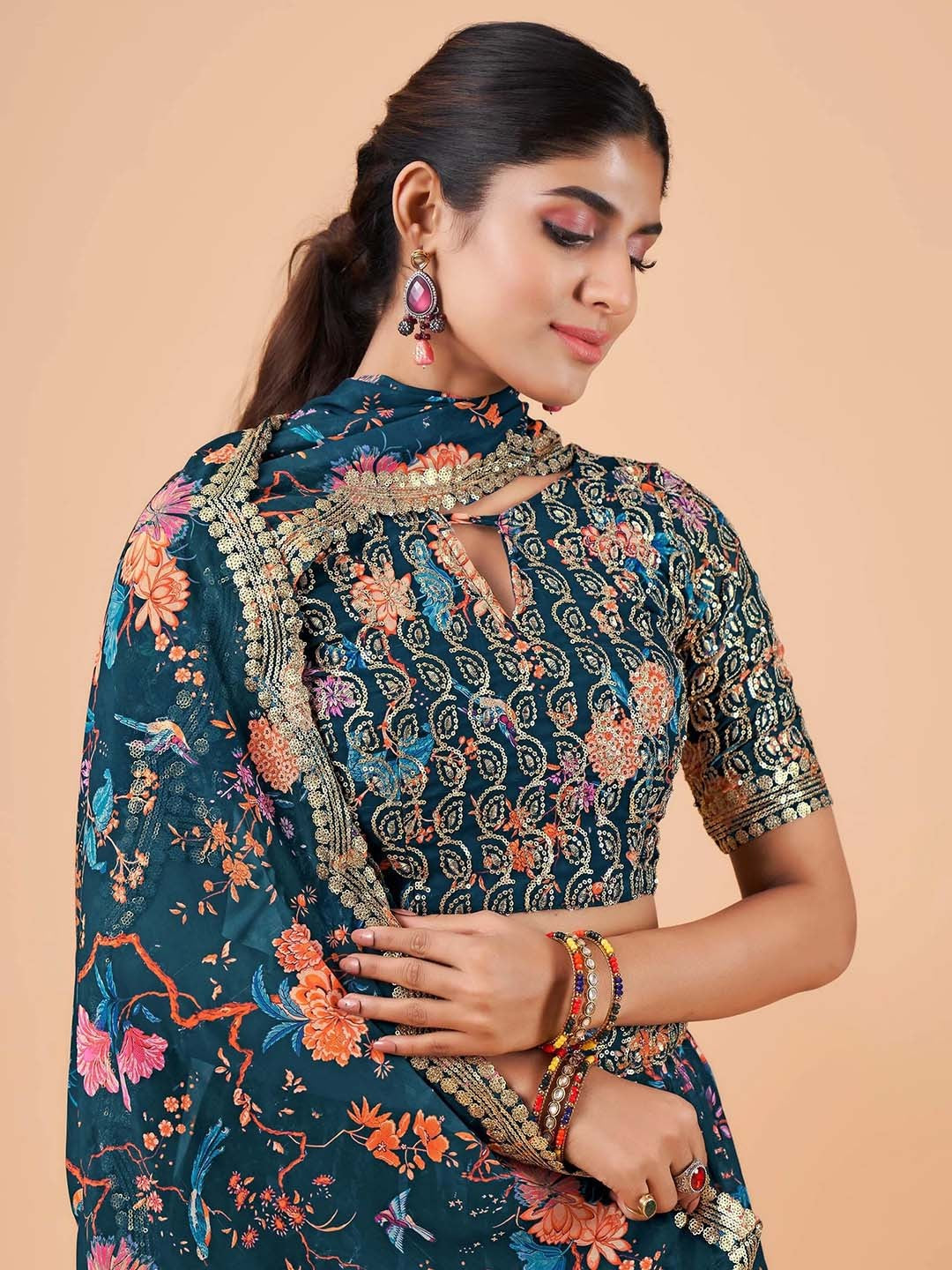 Embroidered Semi-Stitched Lehenga & Unstitched Blouse With Dupatta-Navy blue and pink