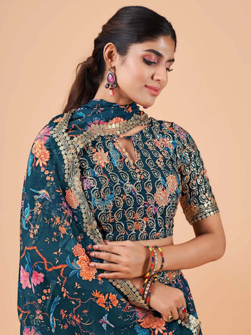 Embroidered Semi-Stitched Lehenga & Unstitched Blouse With Dupatta-Navy blue and pink