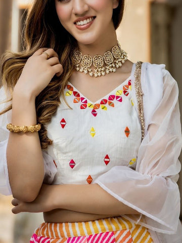 Embroidered Semi-Stitched Lehenga & Unstitched Blouse With Dupatta-Pink, yellow and white