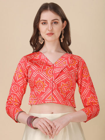 Printed Satin Semi-Stitched Lehenga & Unstitched Blouse-Red and cream