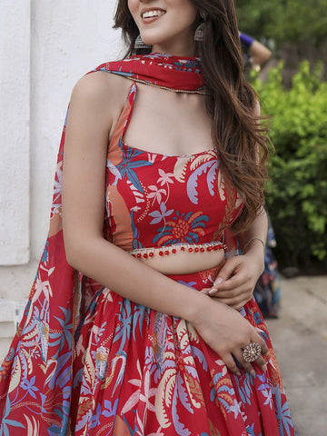 Floral Printed Semi-Stitched Lehenga & Unstitched Blouse With Dupatta-Red and blue