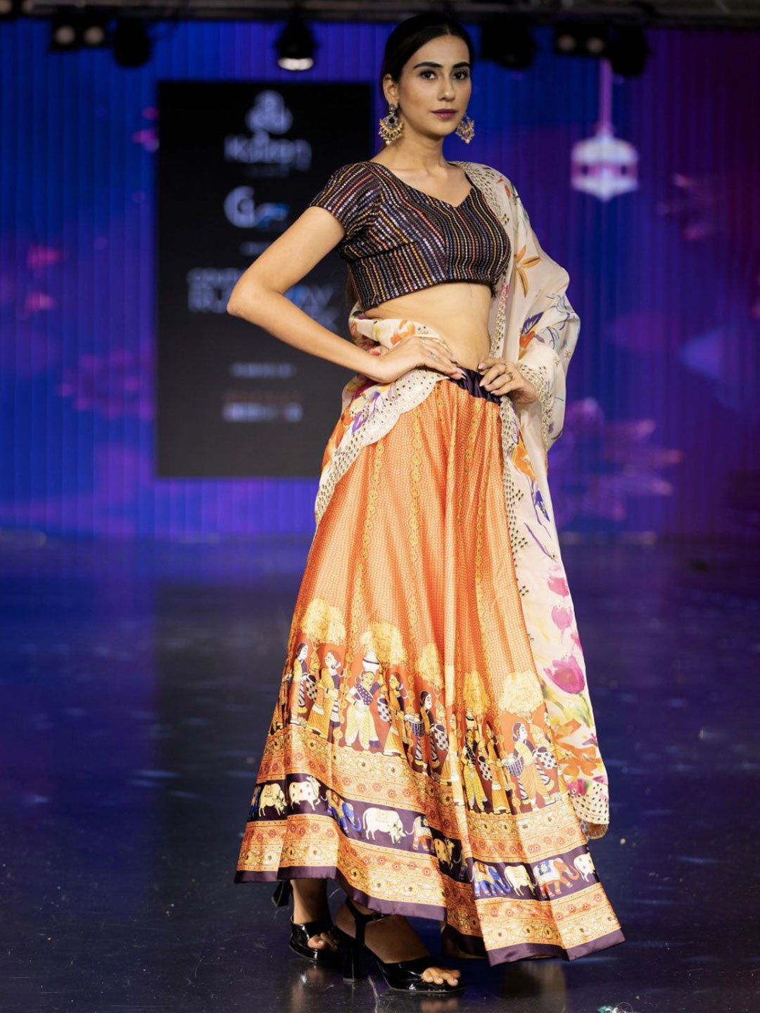 Embroidered Semi-Stitched Lehenga & Unstitched Blouse With Dupatta-Orange and black