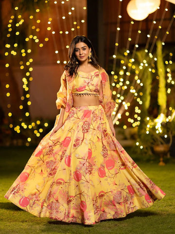 Printed Satin Semi-Stitched Lehenga & Unstitched Blouse With Dupatta-Mustard and pink