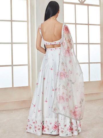 Printed Satin Semi-Stitched Lehenga & Unstitched Blouse With Dupatta-White and pink