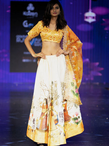 Printed Semi-Stitched Lehenga & Unstitched Blouse With Dupatta-Yellow and white