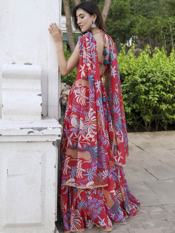 Floral Printed Semi-Stitched Lehenga & Unstitched Blouse With Dupatta-Red and blue