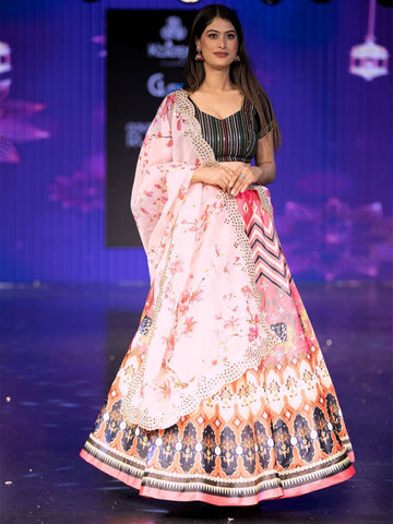 Embroidered Semi-Stitched Lehenga & Unstitched Blouse With Dupatta-Pink and white