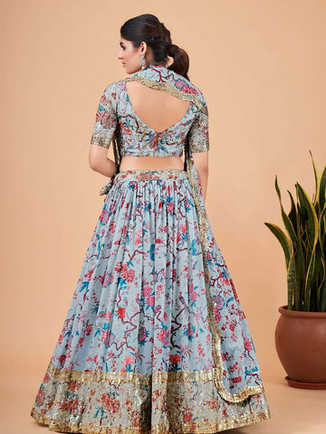 Embroidered Semi-Stitched Lehenga & Unstitched Blouse With Dupatta-Blue and pink