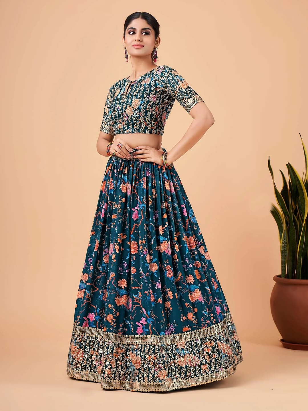 Embroidered Semi-Stitched Lehenga & Unstitched Blouse With Dupatta-Navy blue and pink