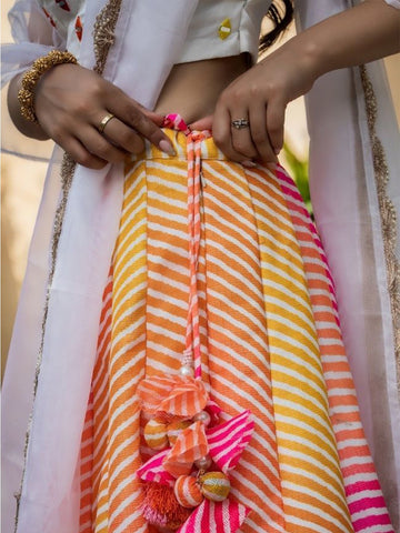 Embroidered Semi-Stitched Lehenga & Unstitched Blouse With Dupatta-Pink, yellow and white