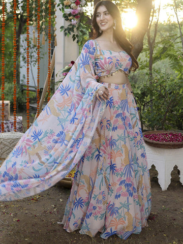 Floral Printed Semi-Stitched Lehenga & Unstitched Blouse With Dupatta-Pink and blue