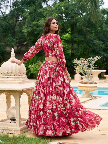 Printed Semi-Stitched Lehenga & Unstitched-Red and green